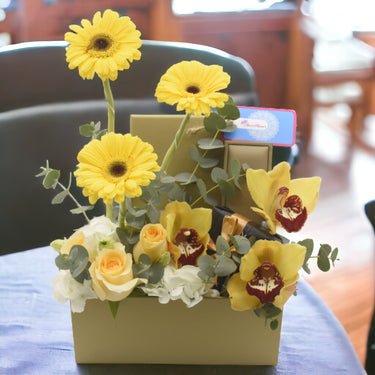 Sunny Surprise All Occasion Bouquet, Yellow Gerbera, Rose Creme, Hydrangea, Cymbidium, Eucalyptus, Brown Box